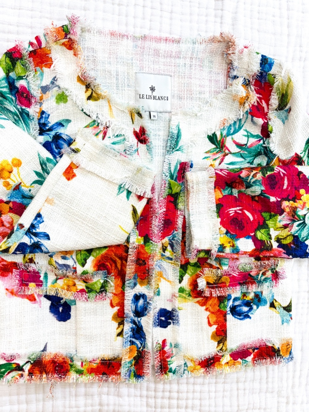 Le Lis Blanc Floral Tweed Fringe Jacket White Multicolor Crop Blazer 36